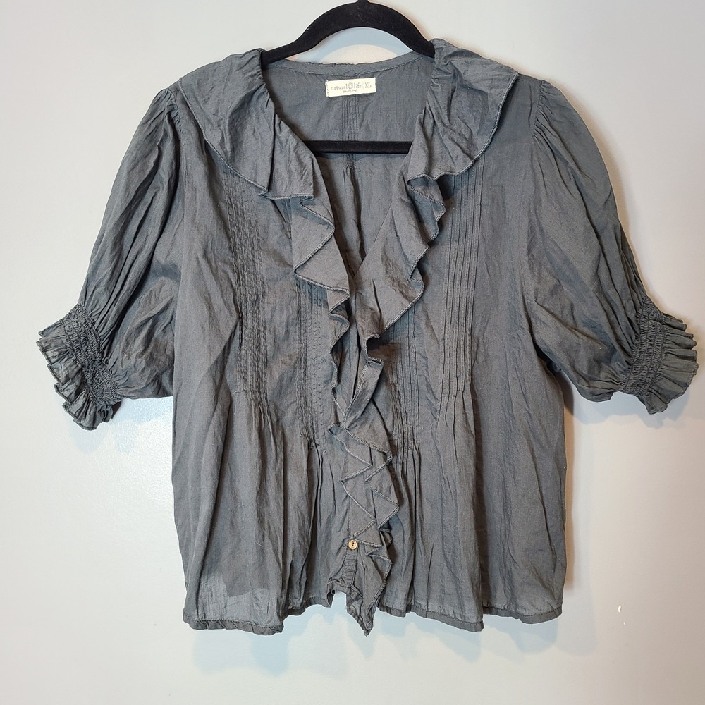Natural Life Blouse Women Sz XL Poet Boho Cottage Western Ruffle Cotton Gray